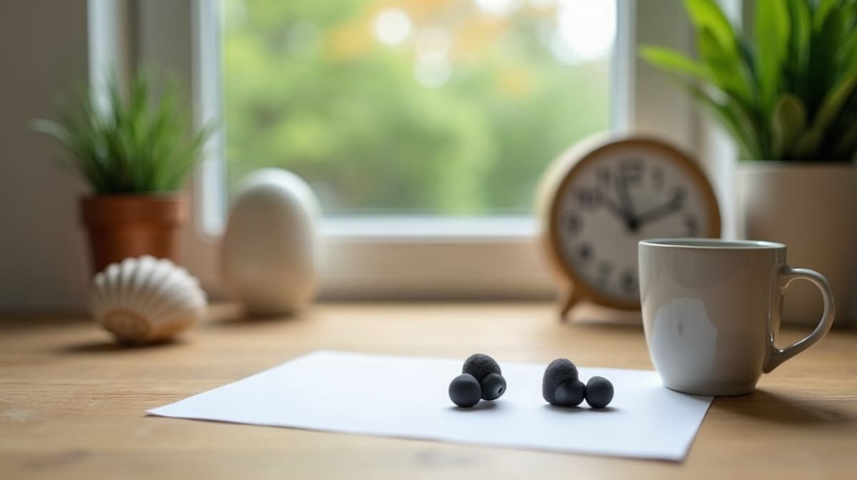 Bouchons d’oreilles en mousse posés sur une table près d’un coquillage et d’une fenêtre ouverte
