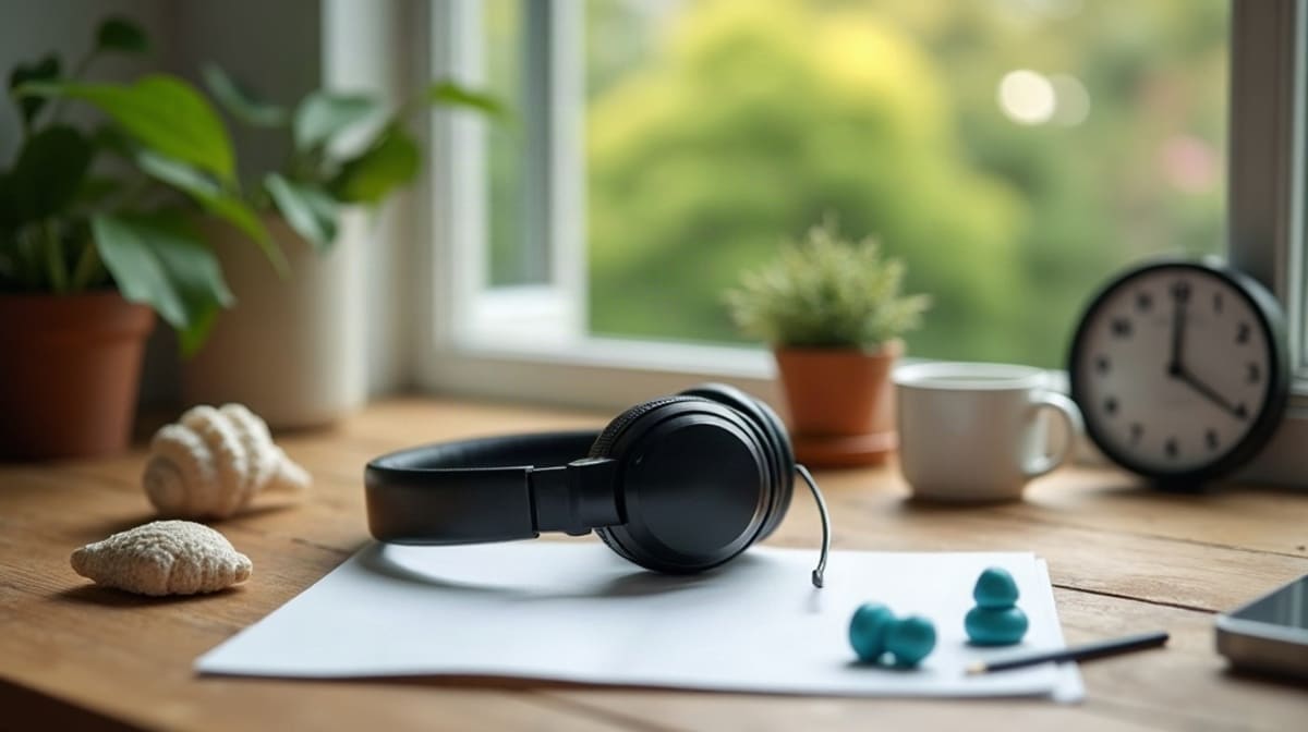 Casque audio, bouchons en mousse et coquillage posés sur une table près d’une fenêtre ouverte